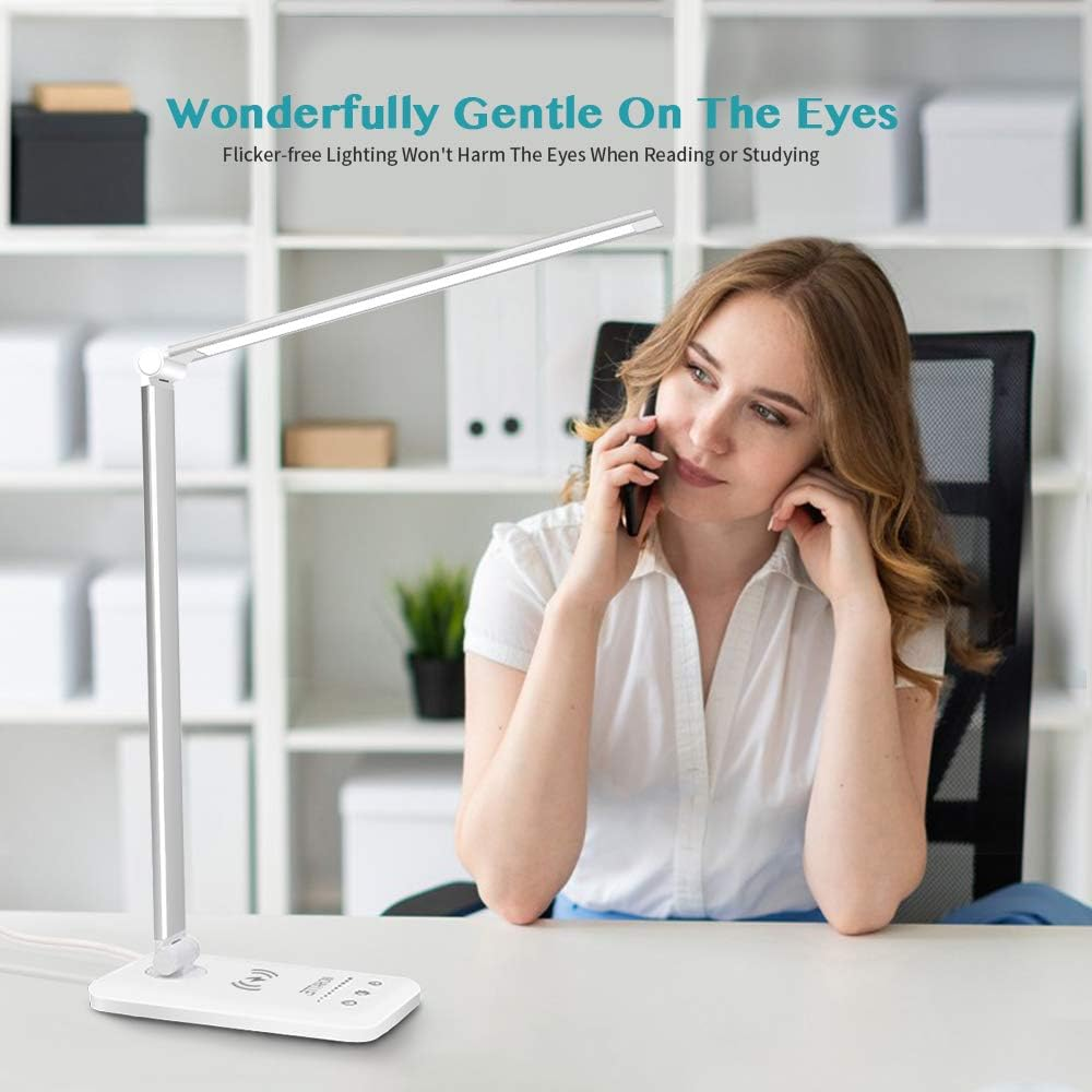 MCHATTE LED Desk Lamp with Wireless Charger, USB Charging Port, Dimmable Eye-Caring Desk Light with 5 Brightness Levels & 5 Lighting Modes, Touch Control, Auto Timer (White) image number 6