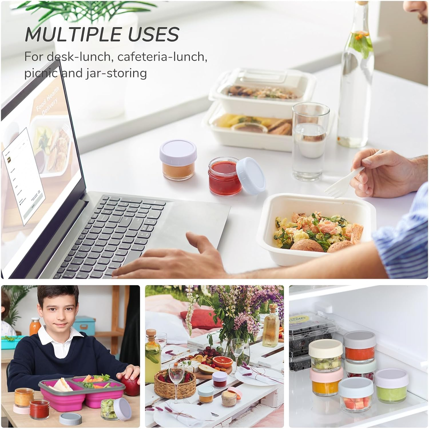 6 Pack Salad Dressing Container to Go, 1.7 Oz Glass Small Condiment Container with Lids, Dipping Sauce Cups Set, Leakproof Reusable Sauce Containers for Lunch Box Work Trip image number 5