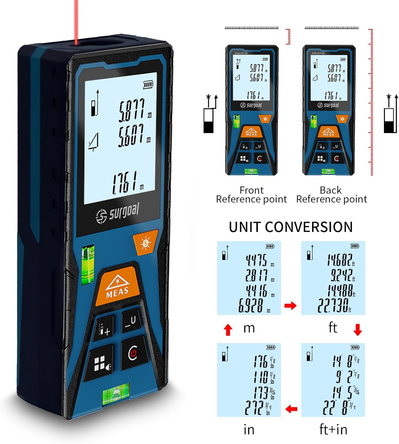 Laser Distance Meter 196Ft Digital Laser Measuring Tool with LCD Backlit Display, Pythagorean Mode, Area & Volume Calculation, &plusmn;2Mm Accuracy, Class II, Electronic Tape Measure for DIY and Construction - Elite-R 196Ft image number 3