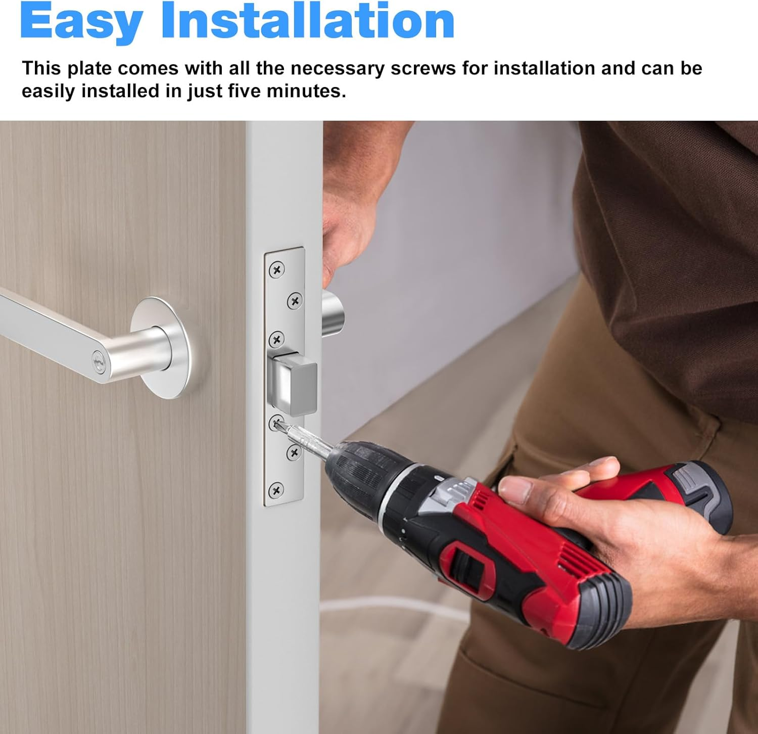 RO6G 72001 Brushed Satin Nickel Lock Short Strike Plate with 12 Screws, Door Knob/Deadbolt Cover Plate, Stainless Steel Security Latch Strike - 2 Set image number 1