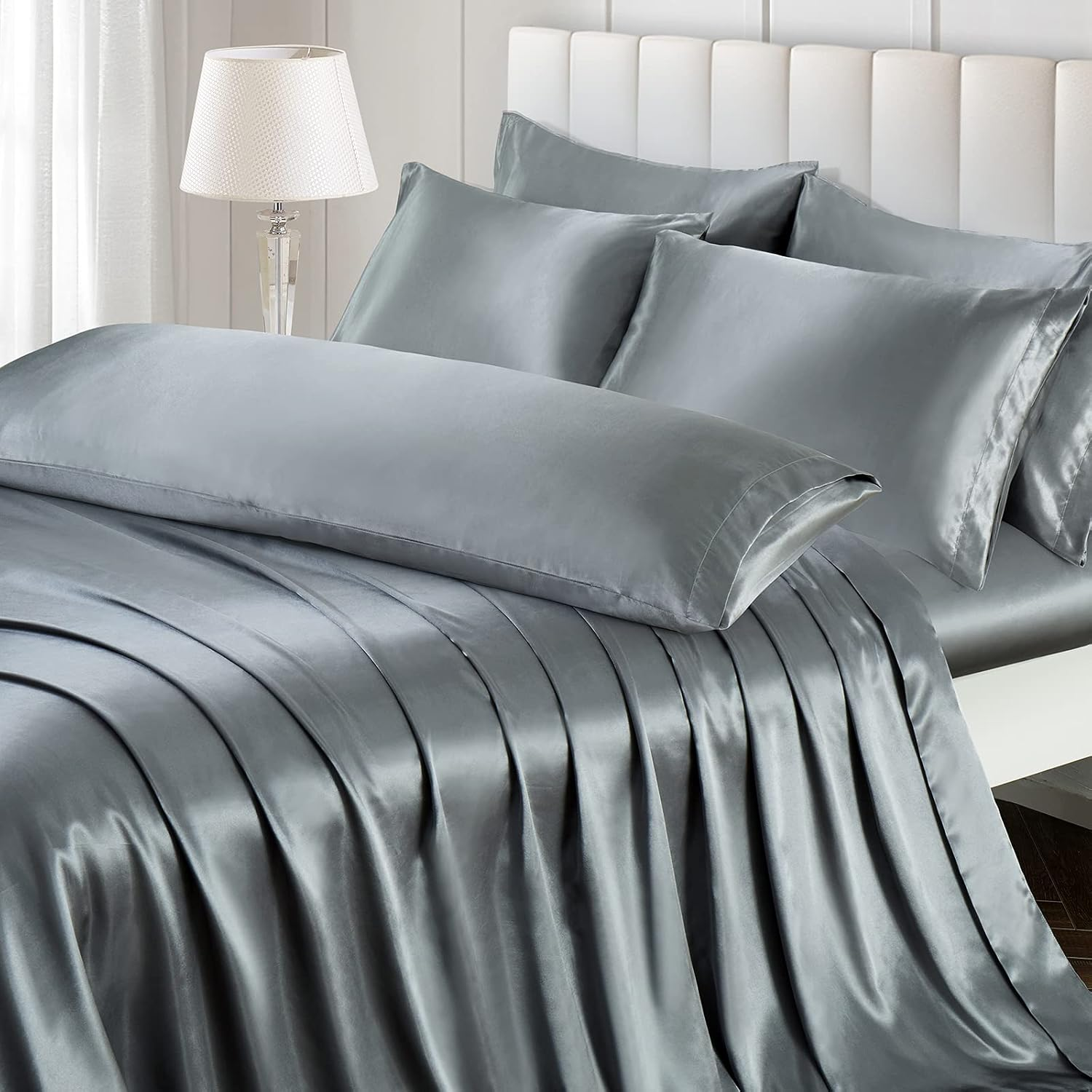 Ersmak 7 Pieces Satin Sheets Set Queen Size, Luxury Silky Grey Satin Bed Sheets Set with 1 Deep Pocket Fitted Sheet, 1 Soft Flat Sheet, 4 Queen Pillowcases and 1 Body Pillowcase image number 4