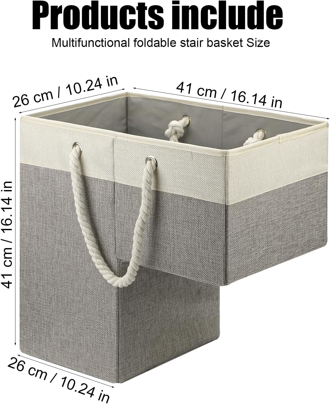 NQEUEPN Stair Basket, 16.14 X 10.24 X 16.14 Inch Multifunctional Staircase Basket Organizer Holder Storage Bin with Rope Handles Foldable Step Basket for Home Office, 40072 image number 2