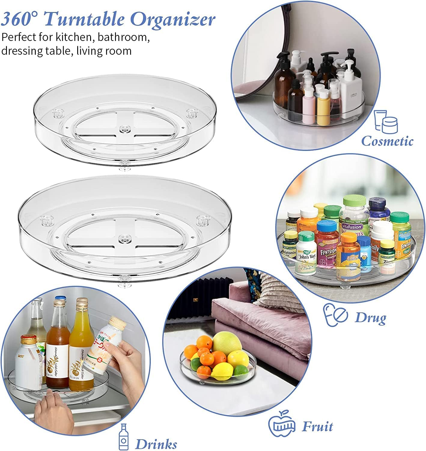 Nealie 2 Pack Lazy Susan Turntable Cupboard Organizer (27+23,5Cm), Rotatable Spice Rack Fridge, Clear Cupboard Condiment Spinning Tray, Multi-Functional Spice Rack for Kitchen Storage image number 6