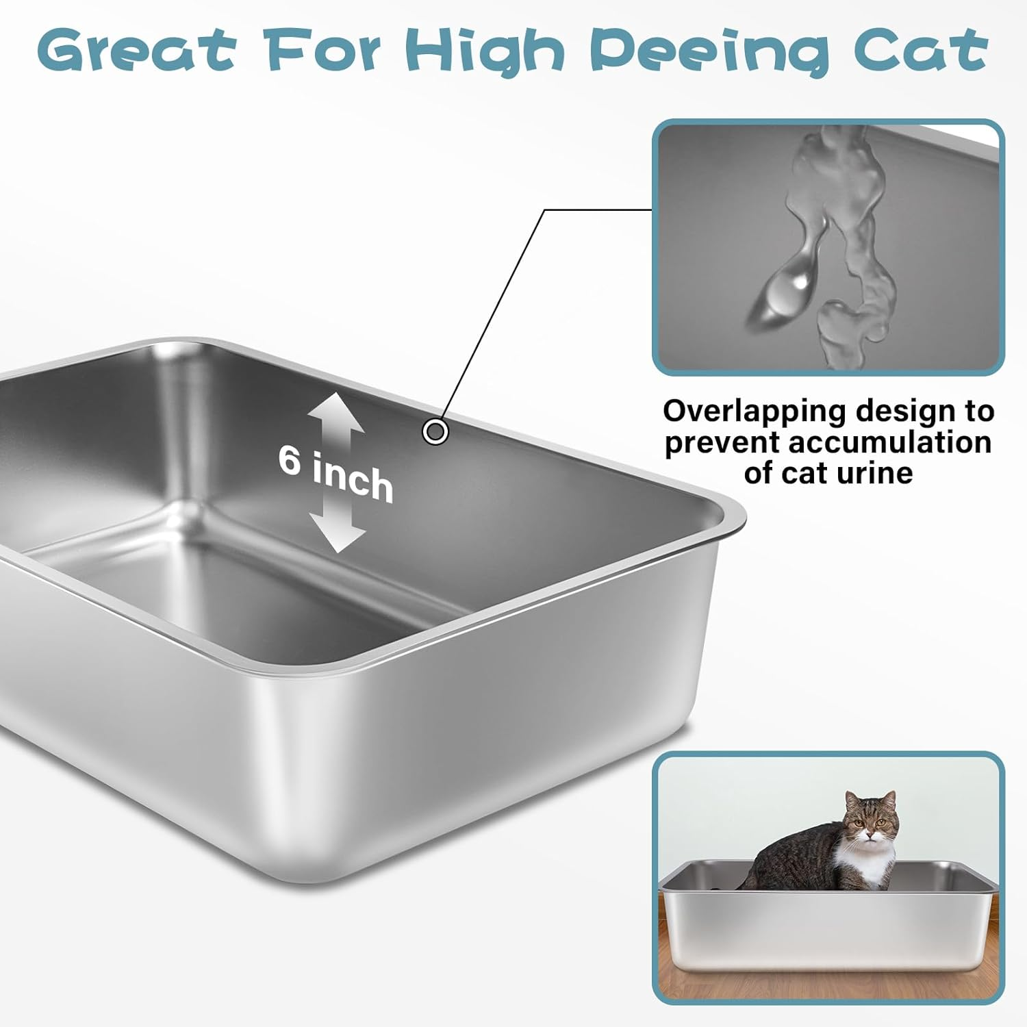 FUTAM Medium Silver Stainless Steel Cat Litter Box 2 Pack, 17.7"X13.8"X6" Easy to Clean, No Smell for Adult Cats image number 3