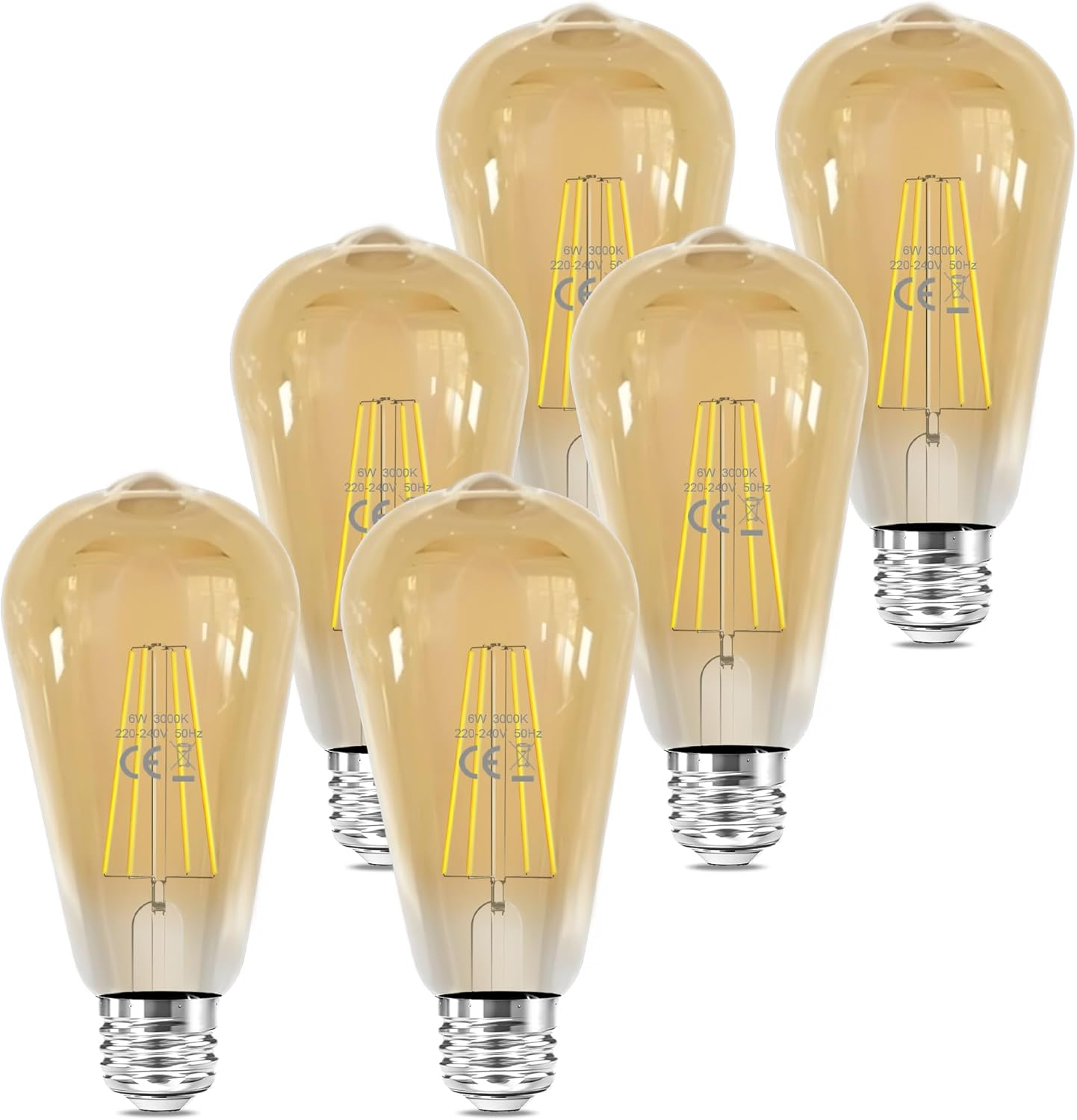 FTL E27 Vintage Edison Light Bulb 6500K Cool White,St64 6W E27 Filament Edison Screw Bulb 60W Halogen Equivalent,650Lm Antique Style LED Filament Bulbs,Non-Dimmable,Pack of 6