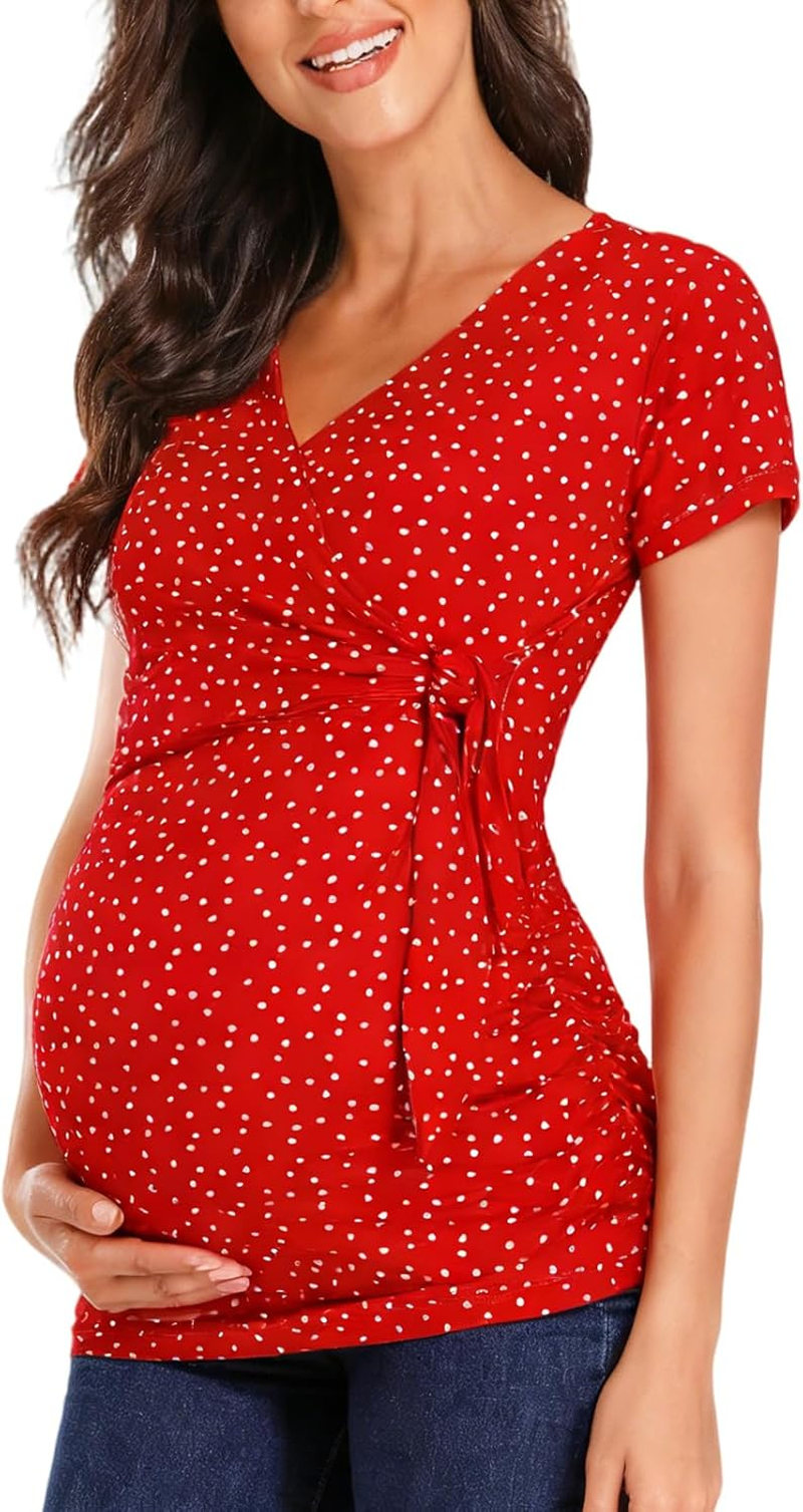 Glampunch Women'S Maternity Shirts Short & Long Sleeve Tie Front Wrap Maternity Tops