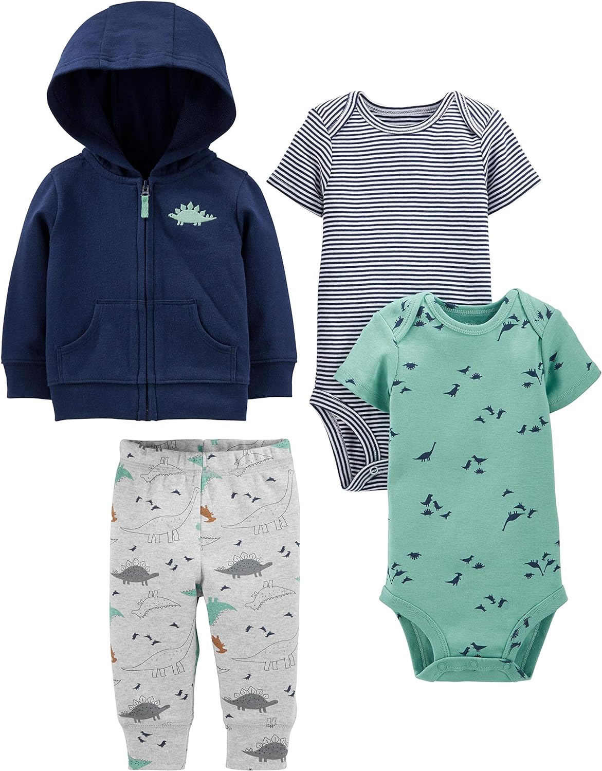 Simple Joys by Carter'S Baby Boys' 4-Piece Jacket, Pant, and Bodysuit Set, Dark Blue/Green/Grey Dinosaur/Navy Stripe, 24 Months image number 2