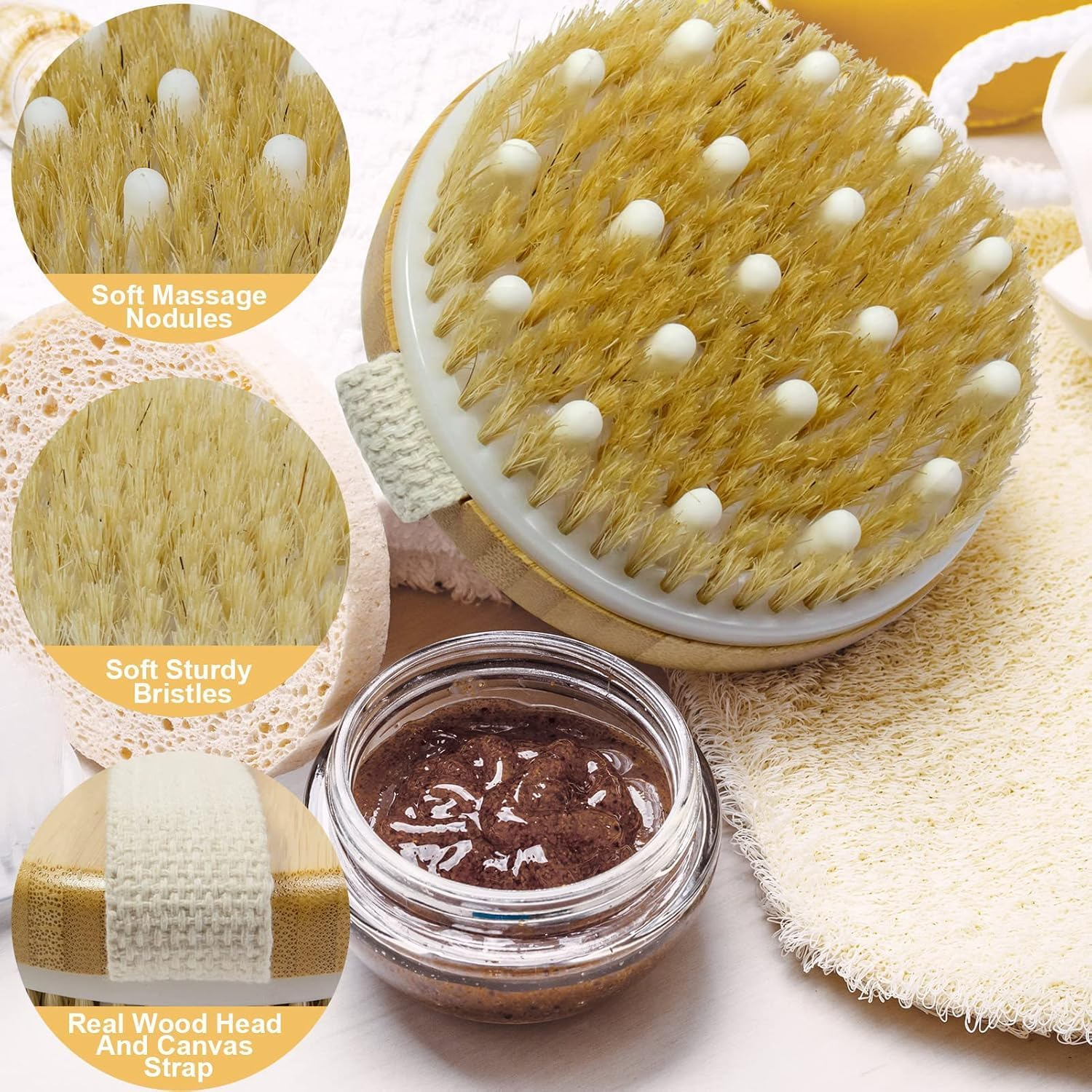 Bamboo Dry Body Brushes,Dry Body Scrubber for Skin, Blood Circulation, Cellulite Treatment,Drying Brush Suitable for All Kinds of Skin with Soft and Stiff Bristles(Ellipse,Round) (Round) image number 6