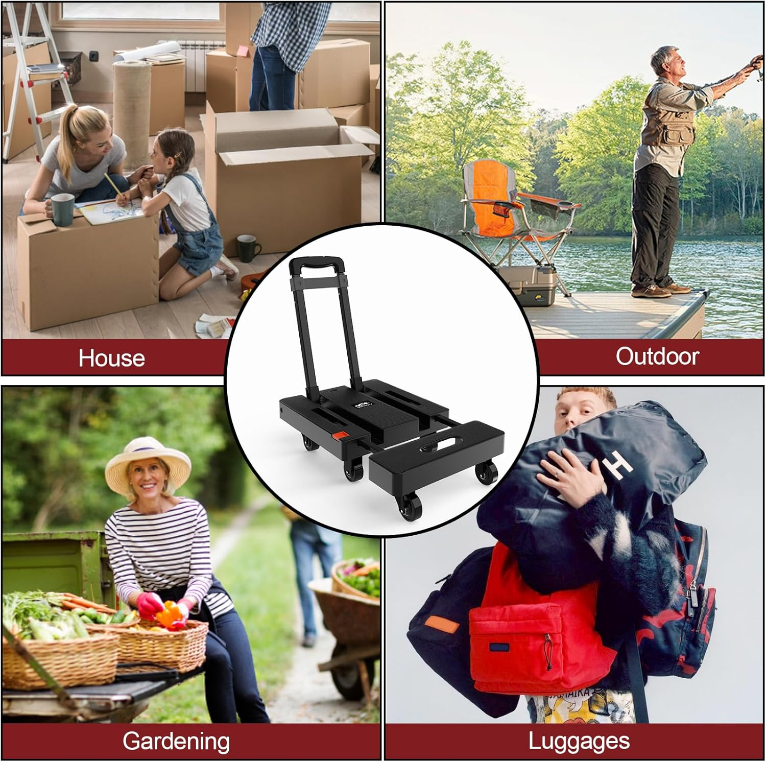 SOLEJAZZ Folding Hand Truck Portable Dolly for Moving, 500LB Luggage Cart Dolly with 6 Wheels & 2 Bungee Cords for Travel, Moving, Shopping Use, Black image number 2