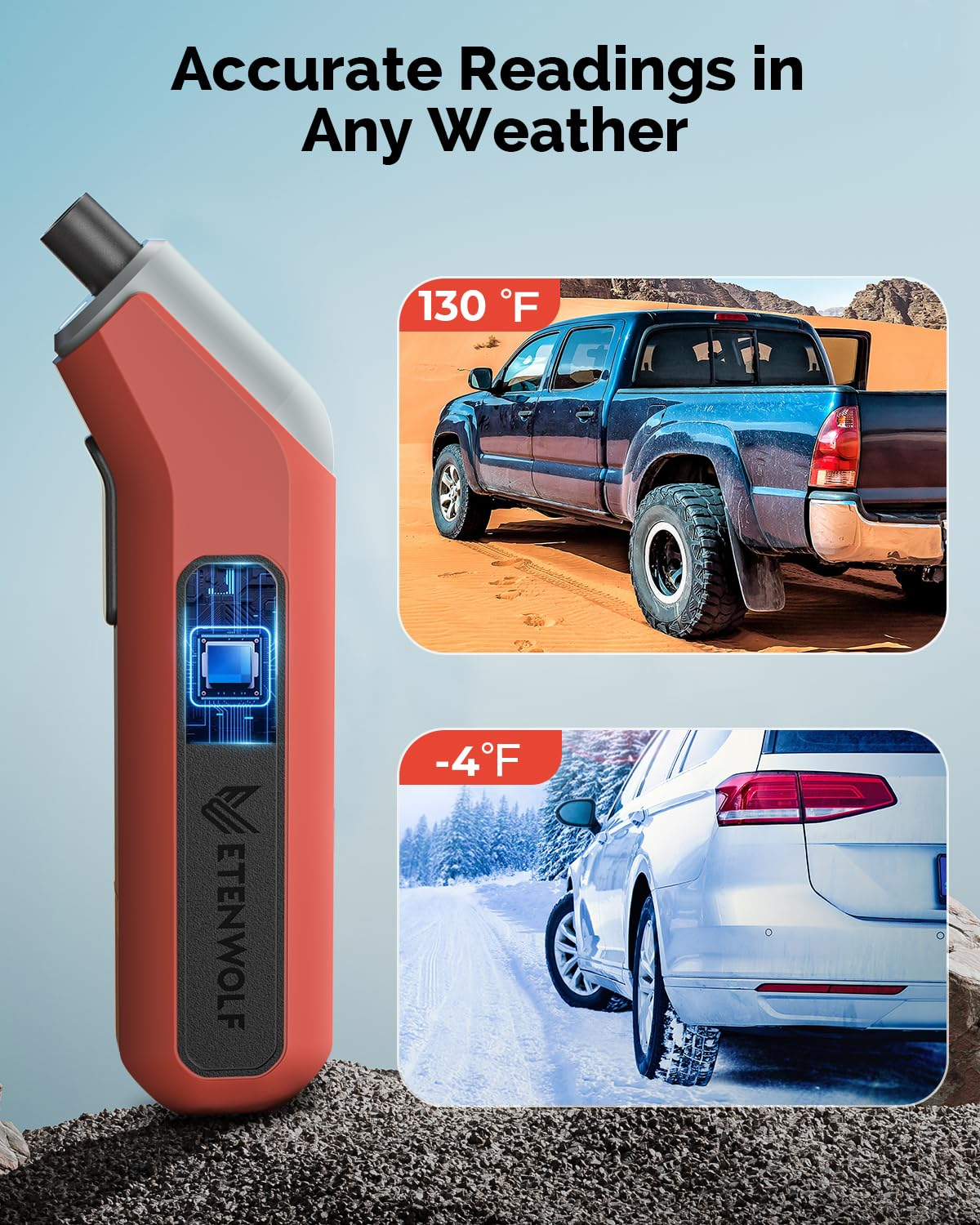 ETENWOLF T300 plus Tire Pressure Gauge 200 PSI, Digital Tire Gauge with Bright LED Display, Tire Gauges for Tire Pressure, Vivid Orange image number 3