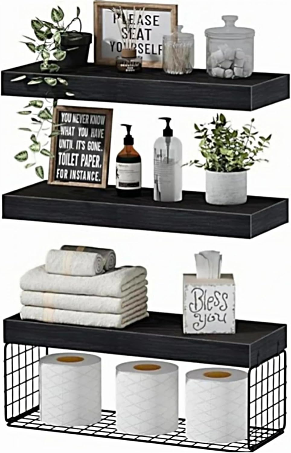 Bathroom Shelves over Toilet - Wall Mounted Floating Shelves Toilet Paper Storage Small Farmhouse Decor Shelf Set of 3, Black image number 1