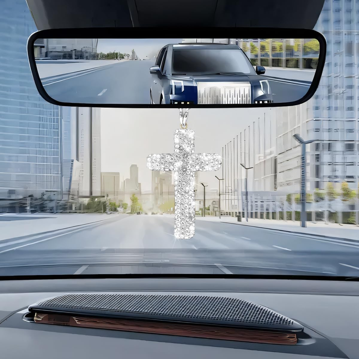 HZEL Bling Car Hanging Ornament, Cross Crystal Rhinestone Vehicle Rear View Mirror Pendant, Diamond Religious Rearview Mirror Decoration Charm, Universal Automotive Interior Accessories (White) - Pink image number 4