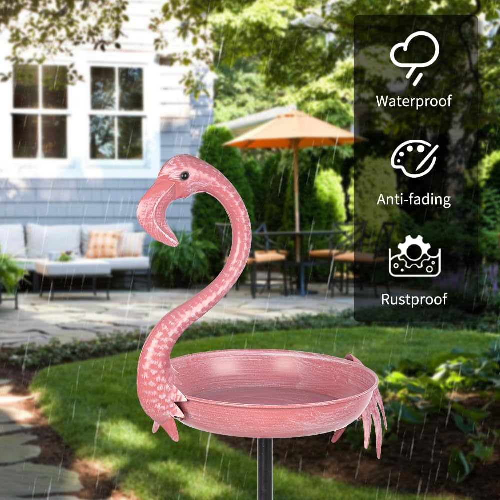 Pink Flamingo Bird Baths for Outdor, 12 Dia Metal Bird Bath Bowl with 5 Prongs Ground Stake, Rustproof Birdbaths for Garden, Yards Lawn Patio, Bird Lovers Gift image number 3