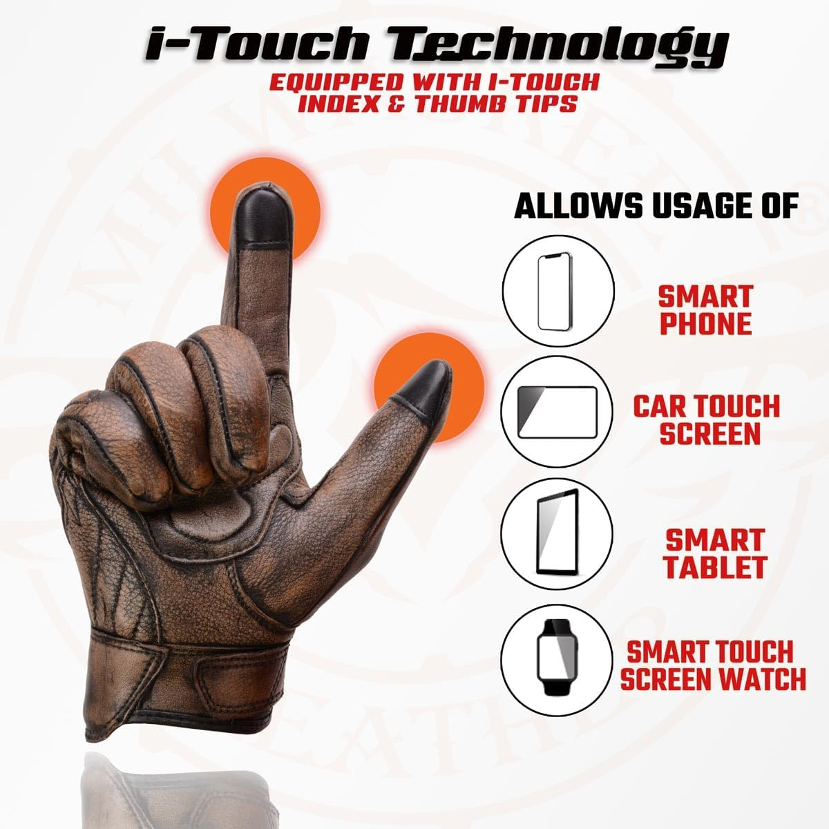 Milwaukee Leather MG7514 Men'S Brown Leather I-Touch Screen Compatible Gel Palm Motorcycle Gloves W/Protective Knuckle