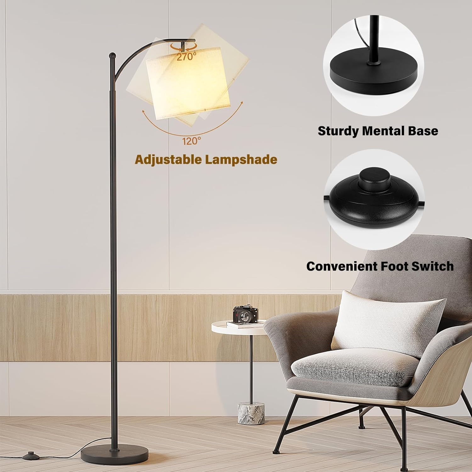 WAMBORY Arc Floor Lamp, LED Modern Floor Lamp for Living Room with 9W 3 Color Temperatures LED Bulb,Metal Standing Lamps with Adjustable Linen Shade,Tall Floor Lamps for Living Room,Office