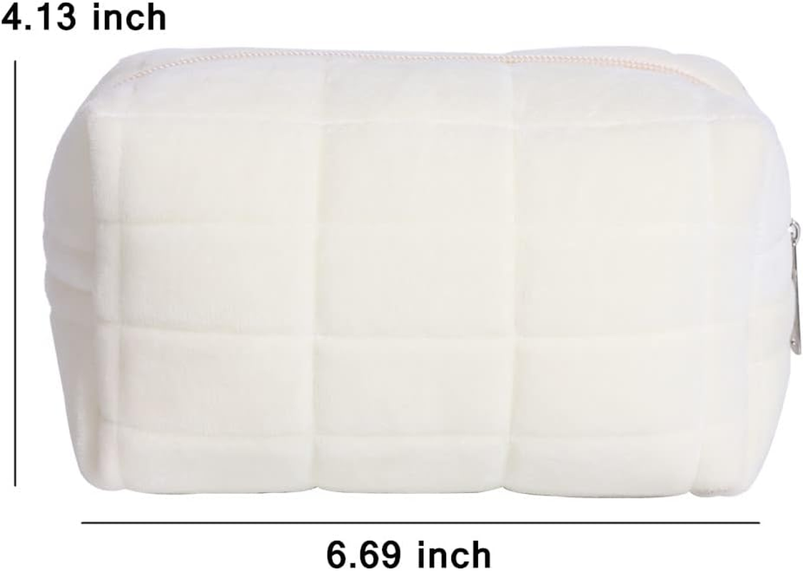 LYDZTION Plush Makeup Bag Cosmetic Bag for Women,Zipper Large Solid Color Travel Toiletry Bag Travel Make up Toiletry Bag Washing Pouch, White image number 1