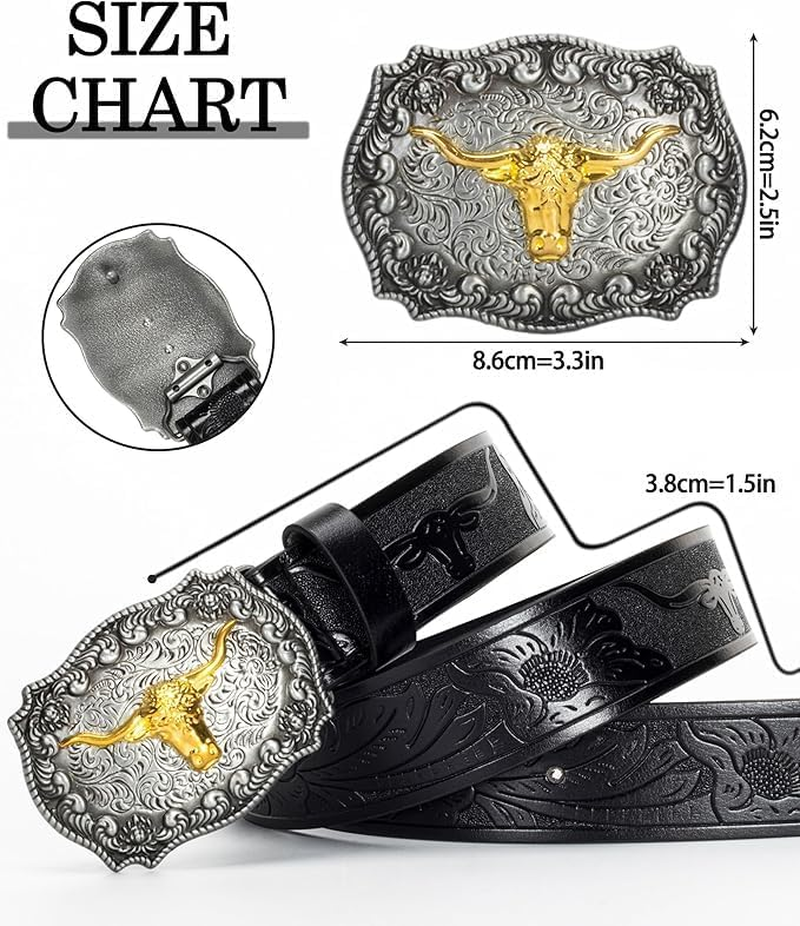 Western Leather Cowboy Belt for Men and Women - Engraved Floral Longhorn Bull Buckle for Jeans image number 1