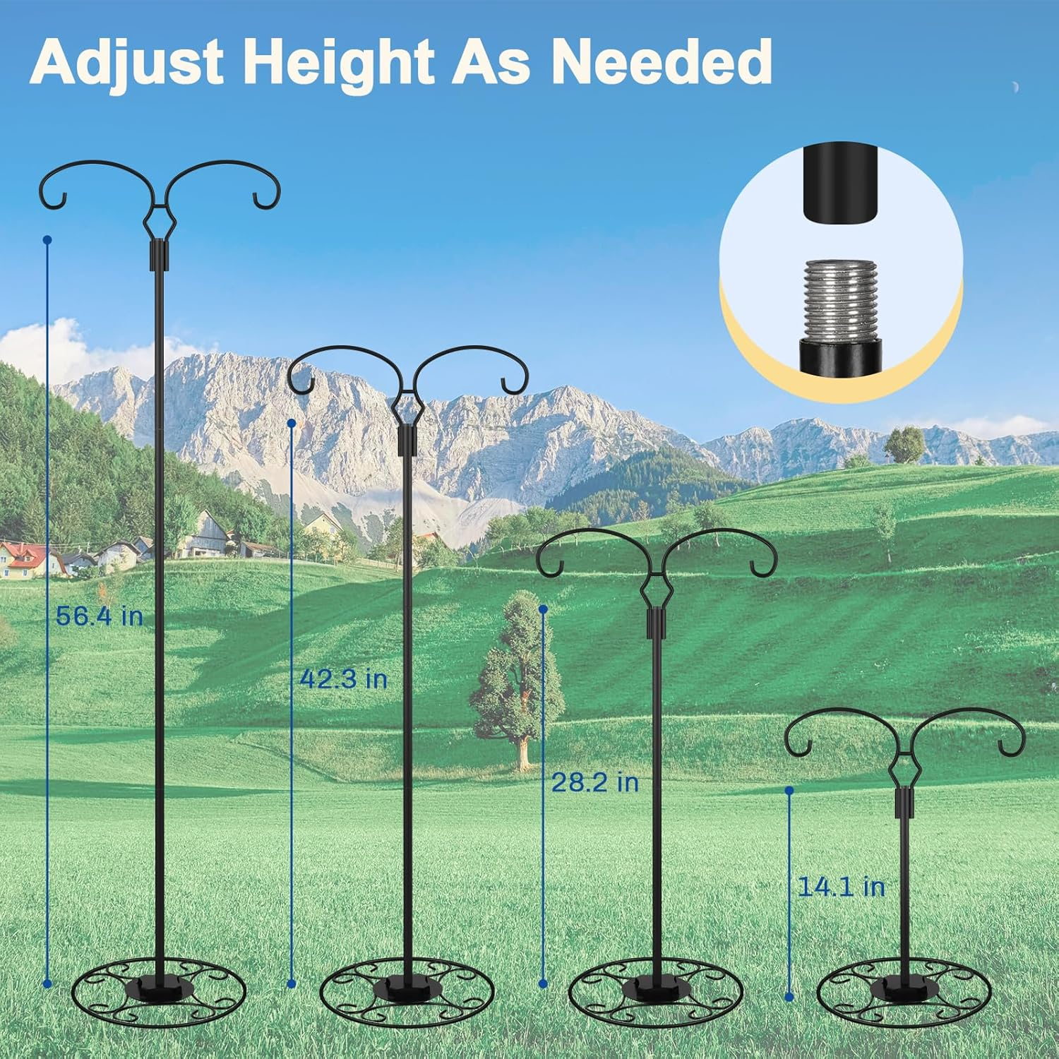 Liitrton 62.6 Inch Shepherds Hooks for Outdoor, Adjustbale Double Shepherds Hooks Hummingbird Feeder Stand Bird Feeder Pole Wind Chime Stand with round Base, 4 Prongs Base and Water Weight Bag image number 4