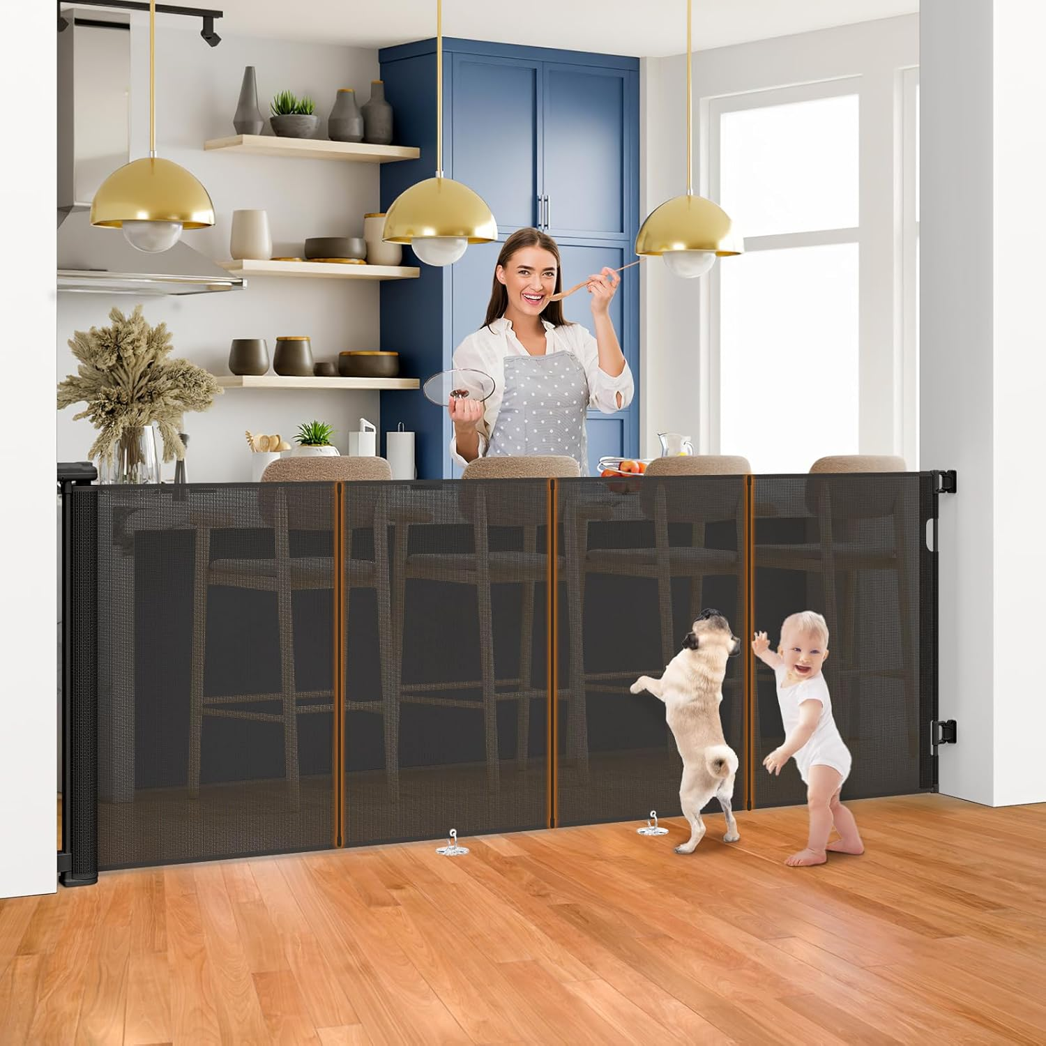 180Cm/70 Wide Retractable Baby Gate Pet Gate with Upgrade Reinforcement Rods,105 Cm/42" Extra Tall Baby Gate Safety Gate, One Handed Operation Retractable Dog Gate for Stairs Indoor