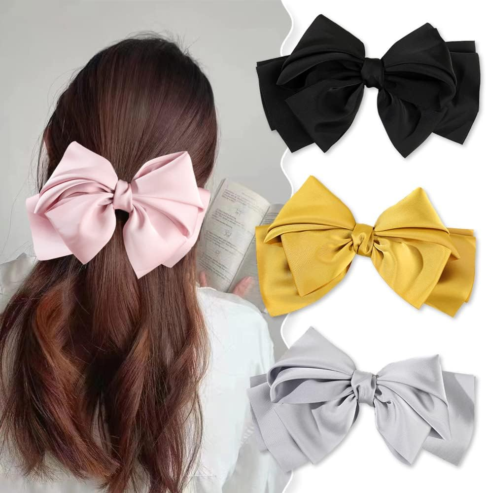 Hair Clips with Large Bow, Satin Hair Bow, French Plain Hair Clip, Elegant Hair Accessories, Metal Bow Knot Clips, Accessories of the 90S for Women, Apricot image number 1