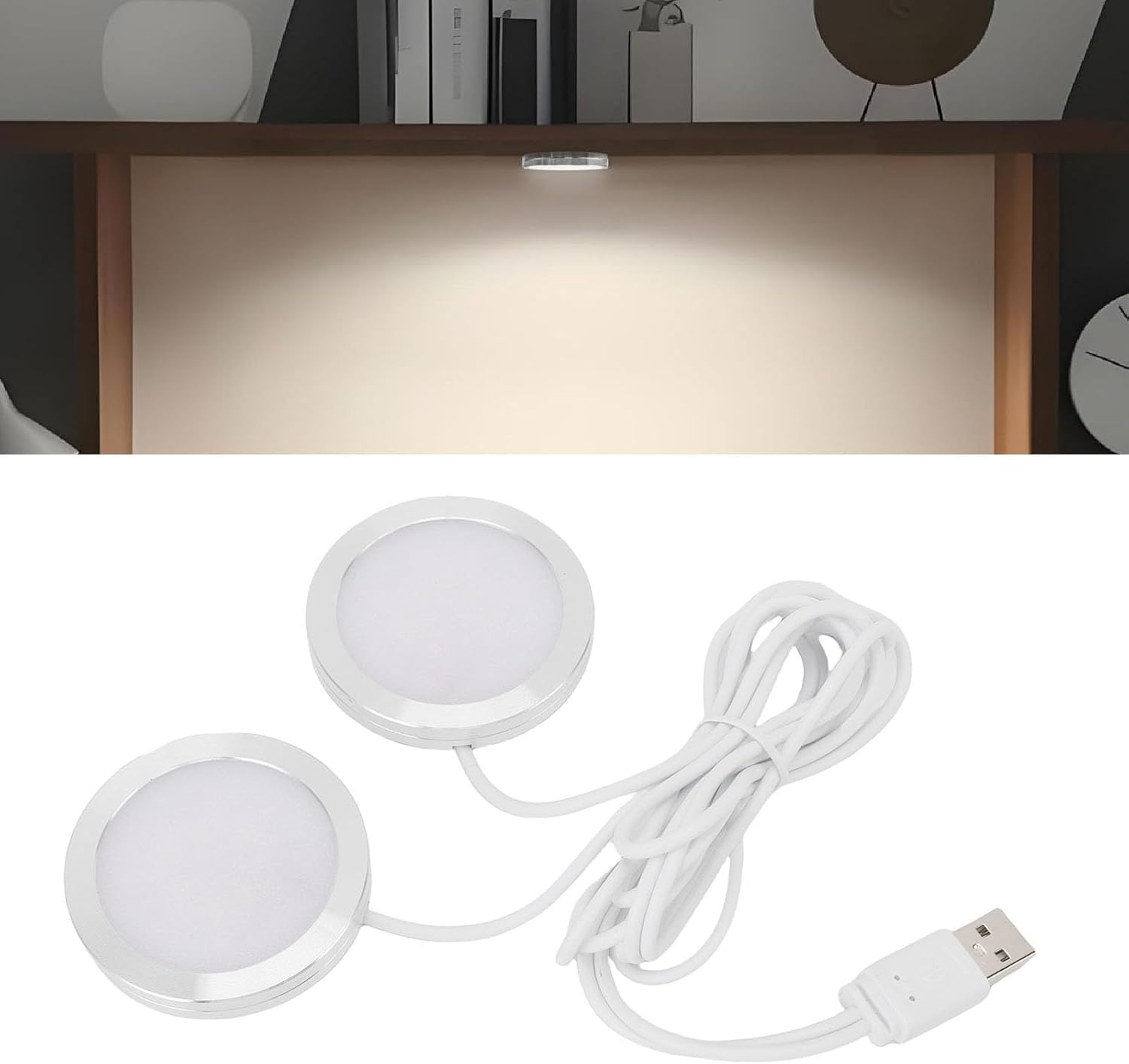 Under Cabinet Light, 5V USB Powered Dual Heads round LED Spotlight, Mini Ultra Slim under Counter Lights Display Lighting for Kitchen, Living Room, Cabinet, Bookcase image number 6