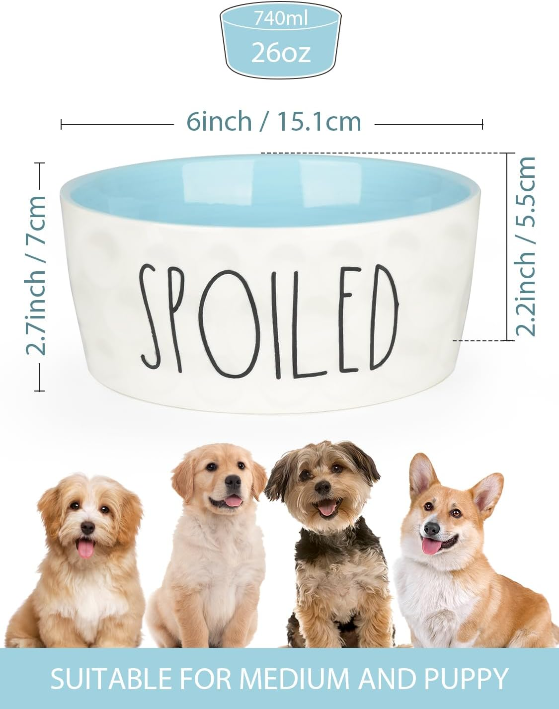 27OZ Ceramic Dog Bowl - 6'' Extra Large Food Water Dog Bowl, Heavy Duty Non-Slip Dog Dish for Medium Dogs, Food Grade Porcelain Pet Feeder Bowl, Microwave & Dishwasher Safe, Blue - Pink image number 3
