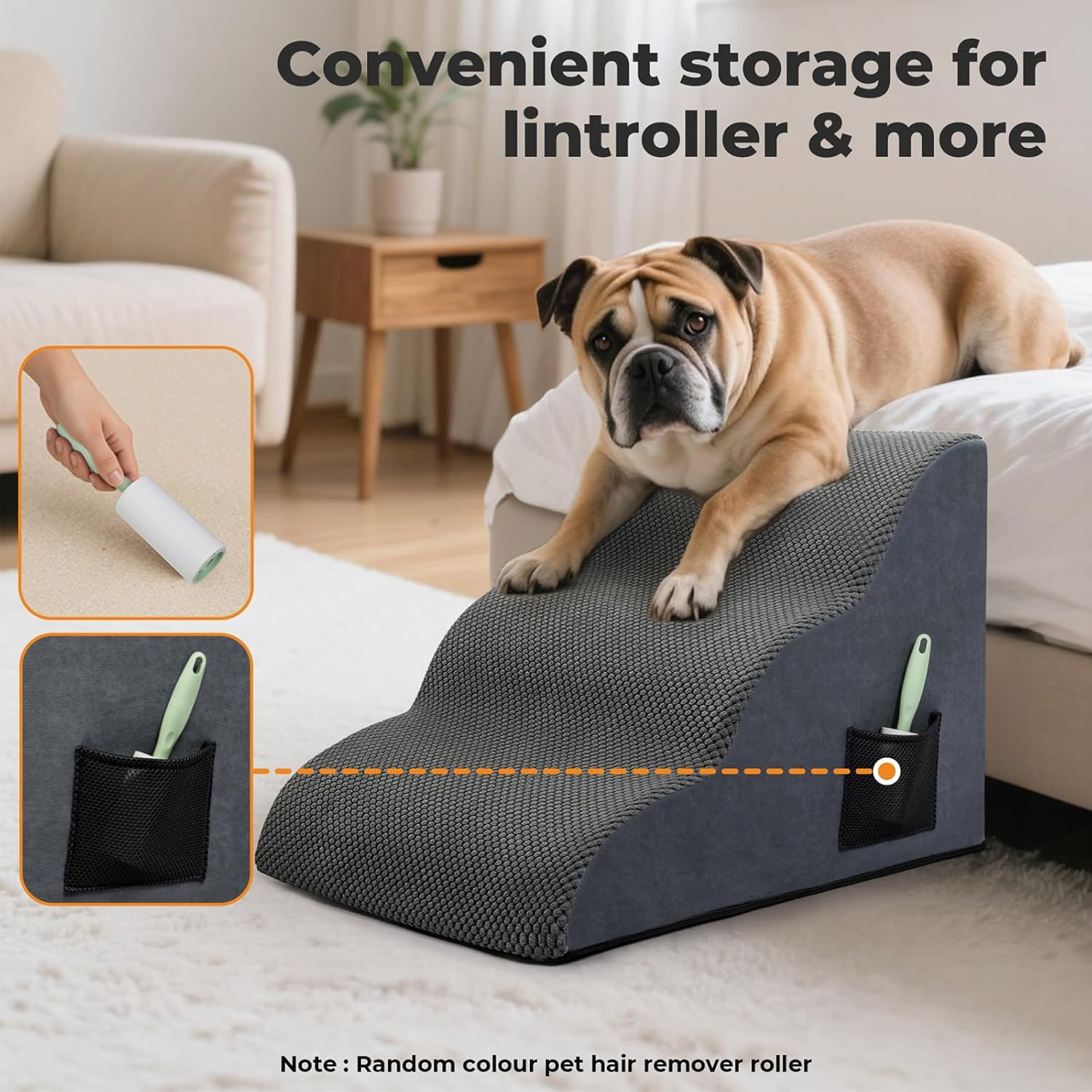 Pawz Dog Stairs Ramp for Small Dog,3 Steps High Density Foam Pet Stairs W/Storage Pocket & Handle,Non-Slip Balanced Pet Stairs Ladder for Cats,For High Sofa Bed Couch for Small & Old Dogs, Injured Pet image number 4