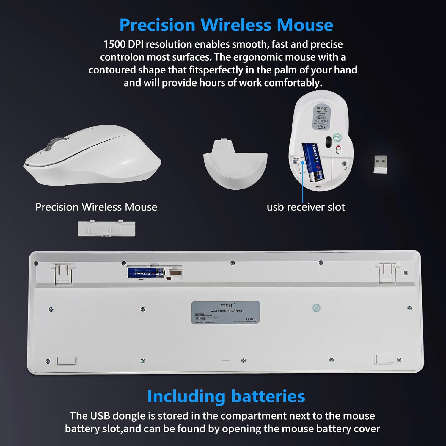 HUO JI Wireless Keyboard and Mouse Combo for Windows Mac, Quiet and Soft, 2.4G Full-Size Computer Keyboard and Ergonomic Wireless Mouse, Long Battery Life 12 Months Battery, White - White image number 2
