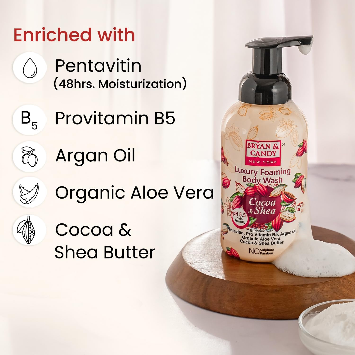 Bryan & Candy Cocoa Shea Luxury Foaming Body Wash with Pentavitin, Pro Vit B5, Argan Oil, Aloe Vera, Cocoa Shea Butter, Skin Friendly Ph 5.5, All Skin Types, 400 Ml image number 3