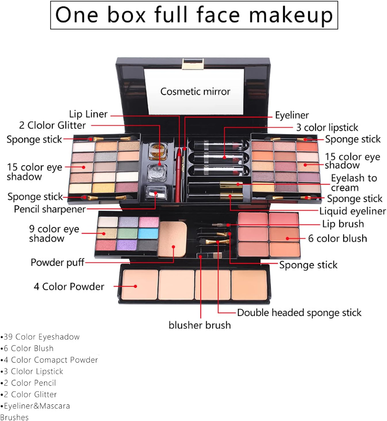 Roseflower 39 Colors Cosmetic Palette, All-In-One Makeup Kit, Essential Starter Set for Beginners or Pros, Includes Eyeshadow, Lip Gloss, Blusher, Eyeliner, Mascara image number 4