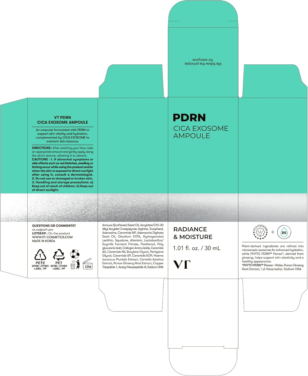 VT COSMETICS PDRN Cica Exosome Ampoule, Firming Serum with Peptide & Ceramide for Anti-Aging, Wrinkle Care, Plumping, Hydration & Radiant Glow, for All Skin Types, Korean Skincare (1.01 Fl. Oz.)