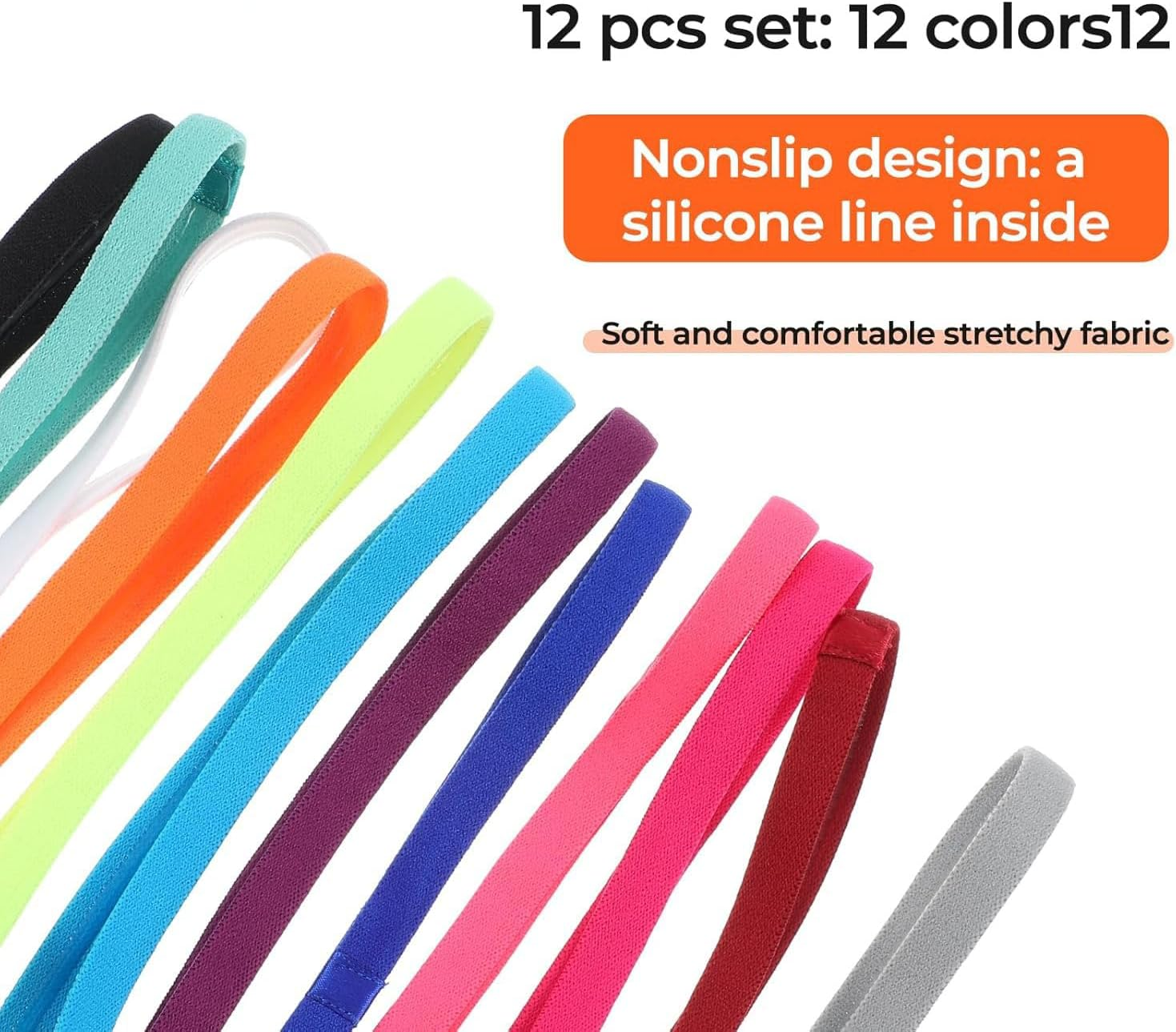 12-Pack Non-Slip Elastic Headbands for Sports & Workouts &ndash; Breathable Sweatbands for Running, Gym, Tennis, Yoga &ndash; 12 Vibrant Colors, Anti-Slip Design, Reusable & Stretchy for Men & Women ﻿