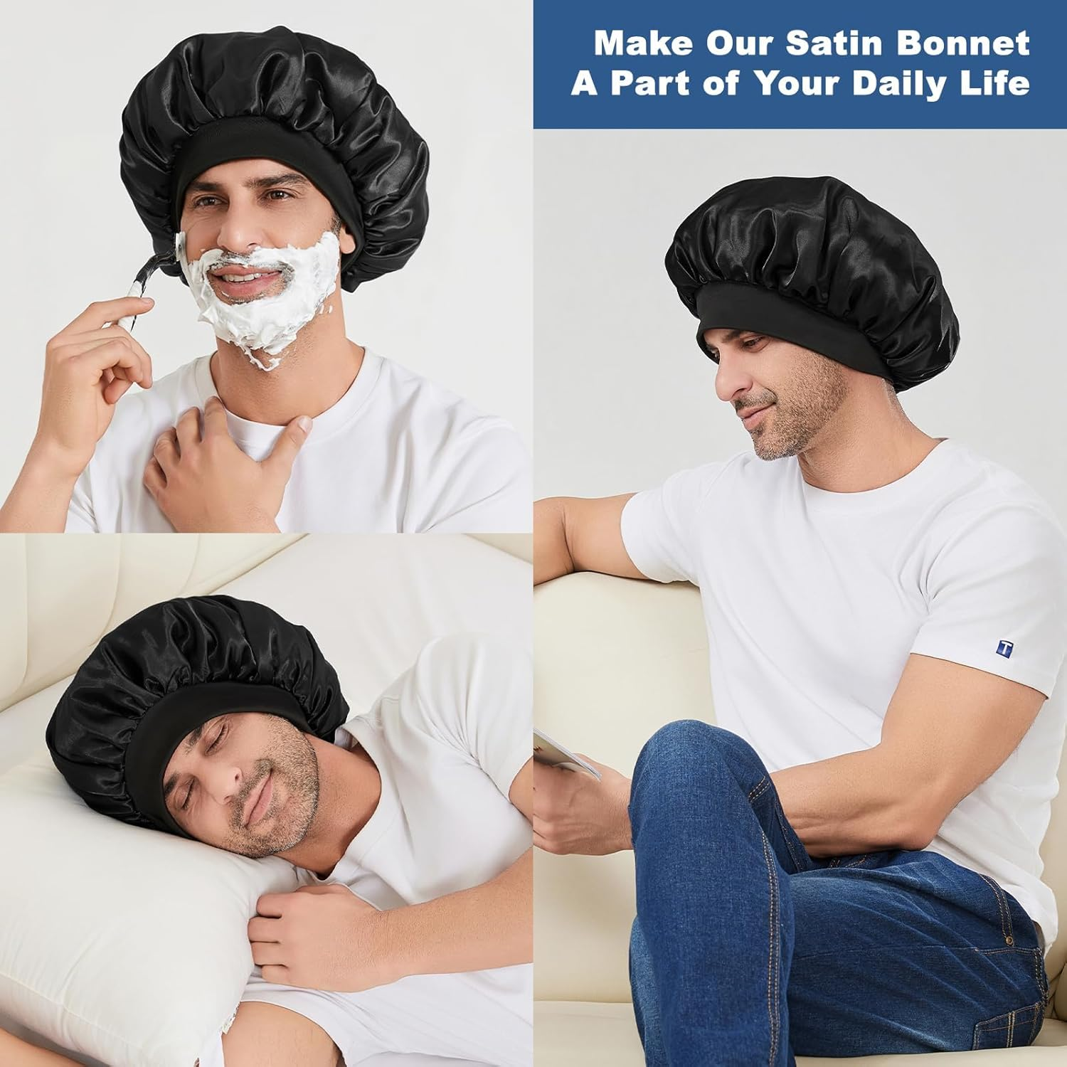 Bonnet for Men, Double Layer Hair Bonnet for Sleeping Adjustable Silk Satin Sleep Bonnet with Elastic Band image number 6