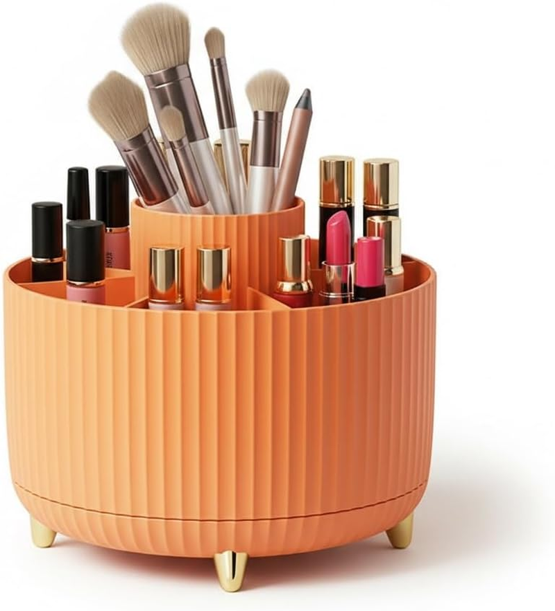 Spinning Makeup Brush Holder, 360&deg; Rotating Makeup Brush Organizer with 5 Slots, Large Capacity Cosmetic Storage Cup for Makeup Brushes, Lipsticks, Nail Polish, Bathroom Vanity Organizer(Orange) image number 1