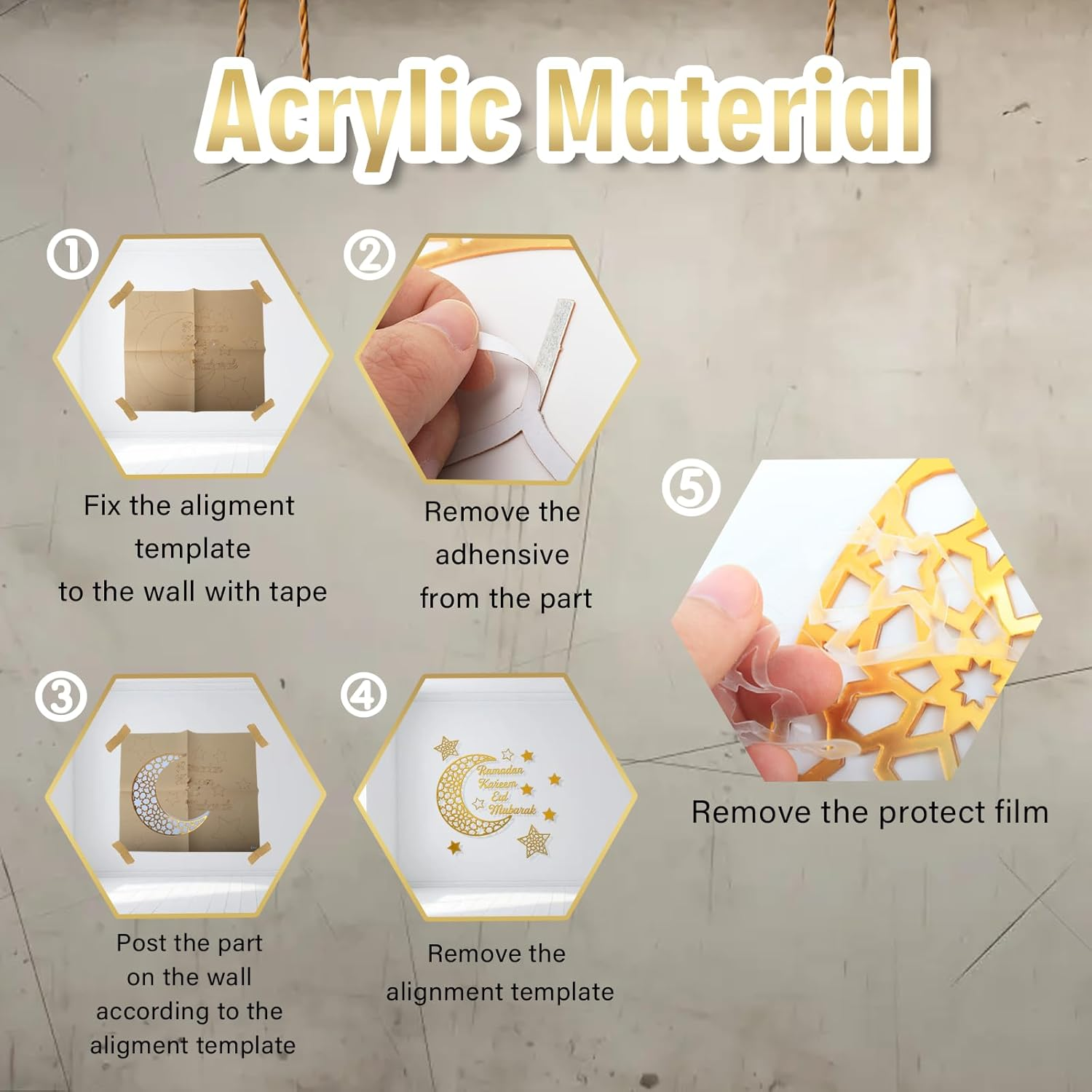 Fiohiros Gold Acrylic Ramadan Decorations Sticker Wall, Mirror Ramadan Wall Stickers with Adhesive Art Decal, Eid Mubarak Wall Art Decoration for Bedding Room Wall Decoration (Gold Star Moon)