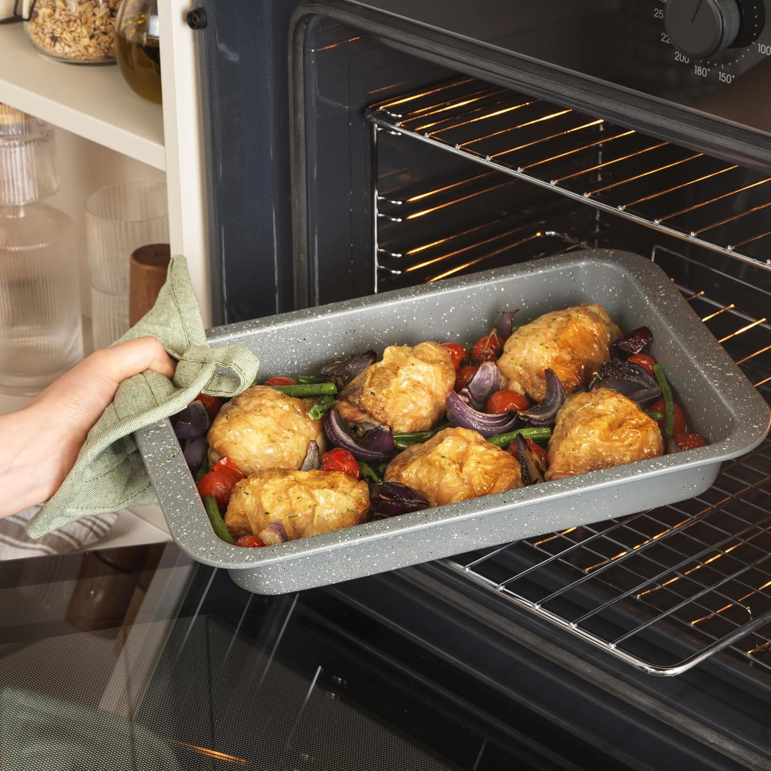Salter BW02774G Marblestone Roasting Tin &ndash; 36Cm Non-Stick Roaster, Lightweight Carbon Steel, Easy Wipe Clean, High Side Rectangular Roasting Tray, Oven Safe to 220&deg;C, PFOA Free, Deep Baking Pan image number 1