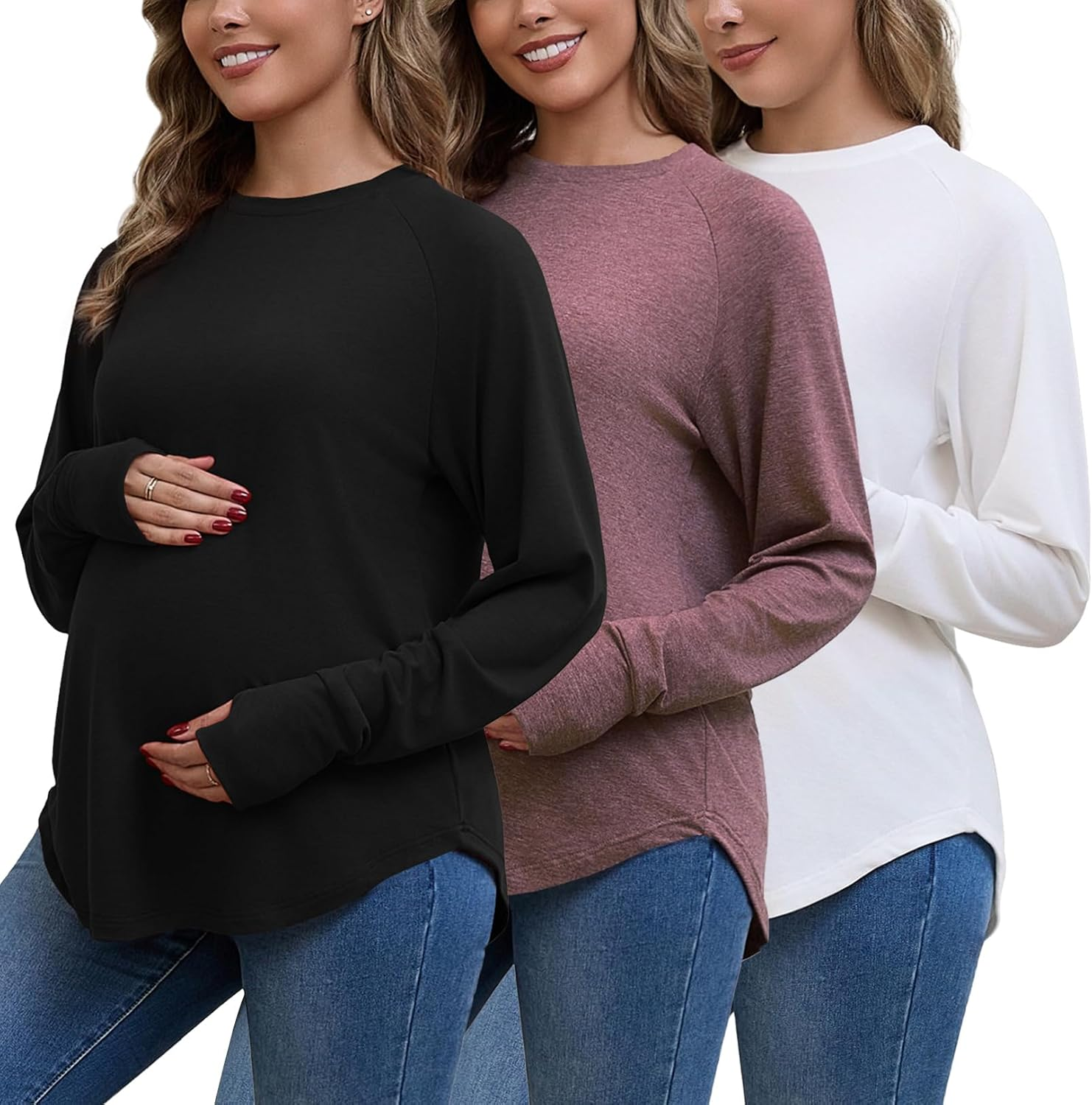 Bhome Maternity Shirts 3 Packs Long Sleeve Pregnancy Tops Loose Fit Casual Blouses with Thumb Holes
