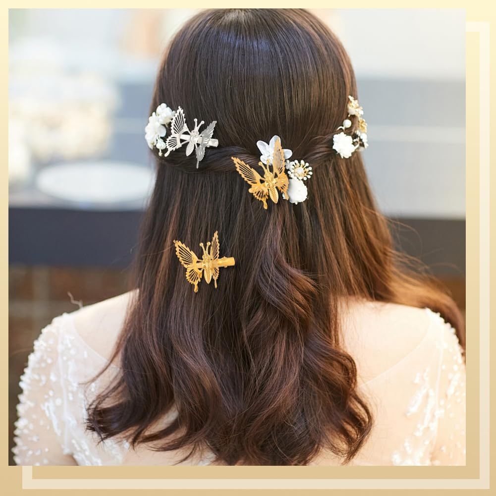 SOFPLATE Pack of 12 Retro 90S Butterfly Hair Clips Moveable Butterfly Hair Clips Made of Metal Crocodile Clips Gold/Silver Vintage Hair Accessories for Women Prom Wedding Everyday Dress image number 4