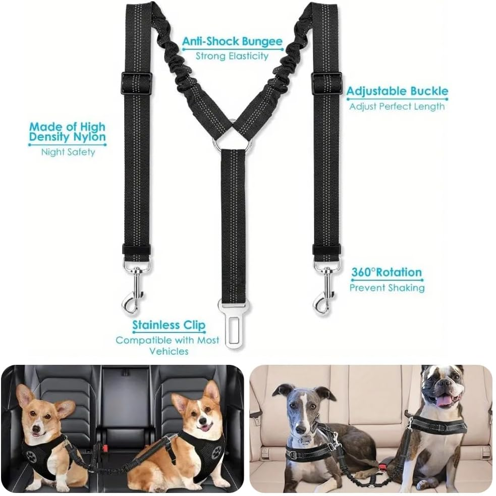 Double Dog Seatbelt,Coupler Lead with Elastic Bungee and Reflective Stripe,No Tangle Safety Belt Splitter in Vehicle for Two Pets Pets Trip Travel image number 3