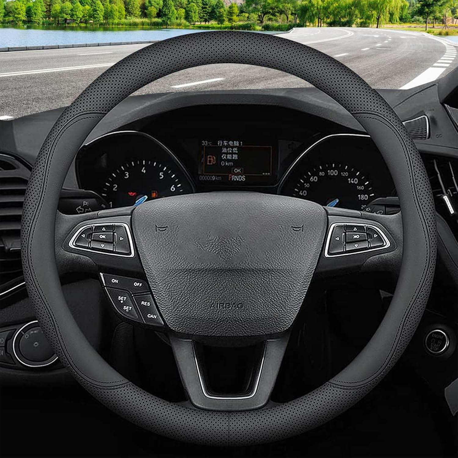 Car Steering Wheel Cover, Universal 15 Inch Fit, Anti-Slip Napa/Microfiber Leather Suede Stearing Wheel Protector Covers, Soft Breathable, with Car Seat Belt Pads for Women Man (Leather Carbon Fiber)