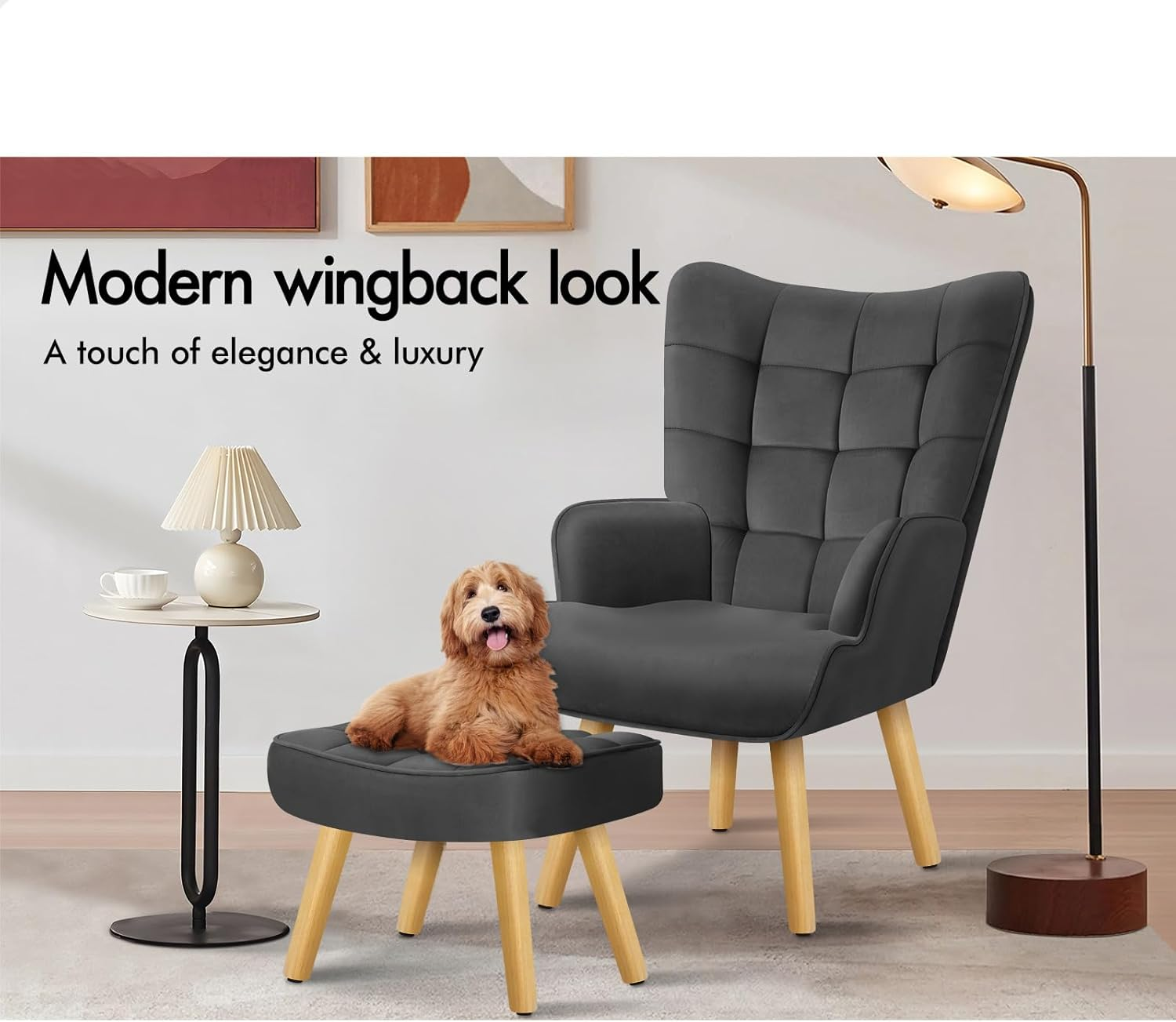 ALFORDSON Velvet Armchair Nursing Chair with Ottoman Footstool Bozena Series, Leisure Occasional Lounge Sofa Wooden Legs, Accent Chair for Reading Dressing Bedroom Living Room, 180Kg Max, Dark Grey image number 6