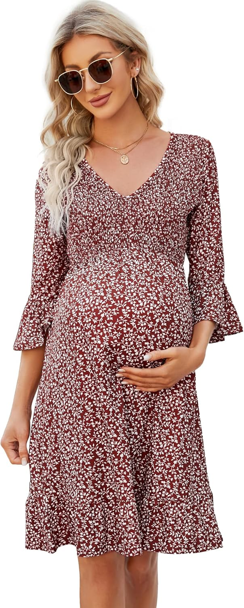 Coolmee Short Sleeve Maternity Dress Ruffle Boho Dress Button Smocked Summer Casual Flowy Maxi Dress Baby Shower Photoshoot