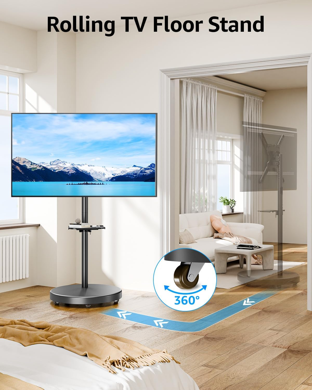 MOUNTUP Rolling Mobile TV Cart for 32-65 Inch Tvs, Rotatable Floor TV Stand Compatible with the Frame Tvs - 90&deg; Landscape to Portrait, Height Adjustable TV Cart on Wheels, Max VESA 400X400Mm, MU1109-B image number 1