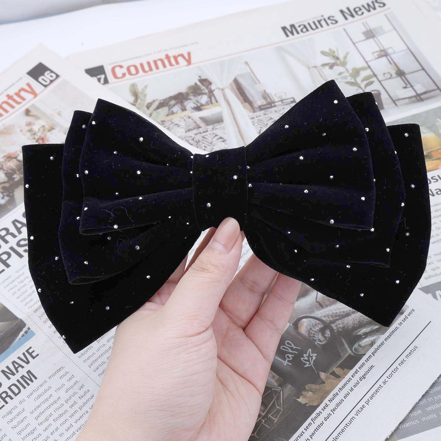 Large Hair Bows Women Velvet Bow Hair Clips Glitter Bow Clips Cute Hair Bow Clips French Hair Band Bow Crystal Bows Party Wedding Barrette Bowknot Black Red image number 4