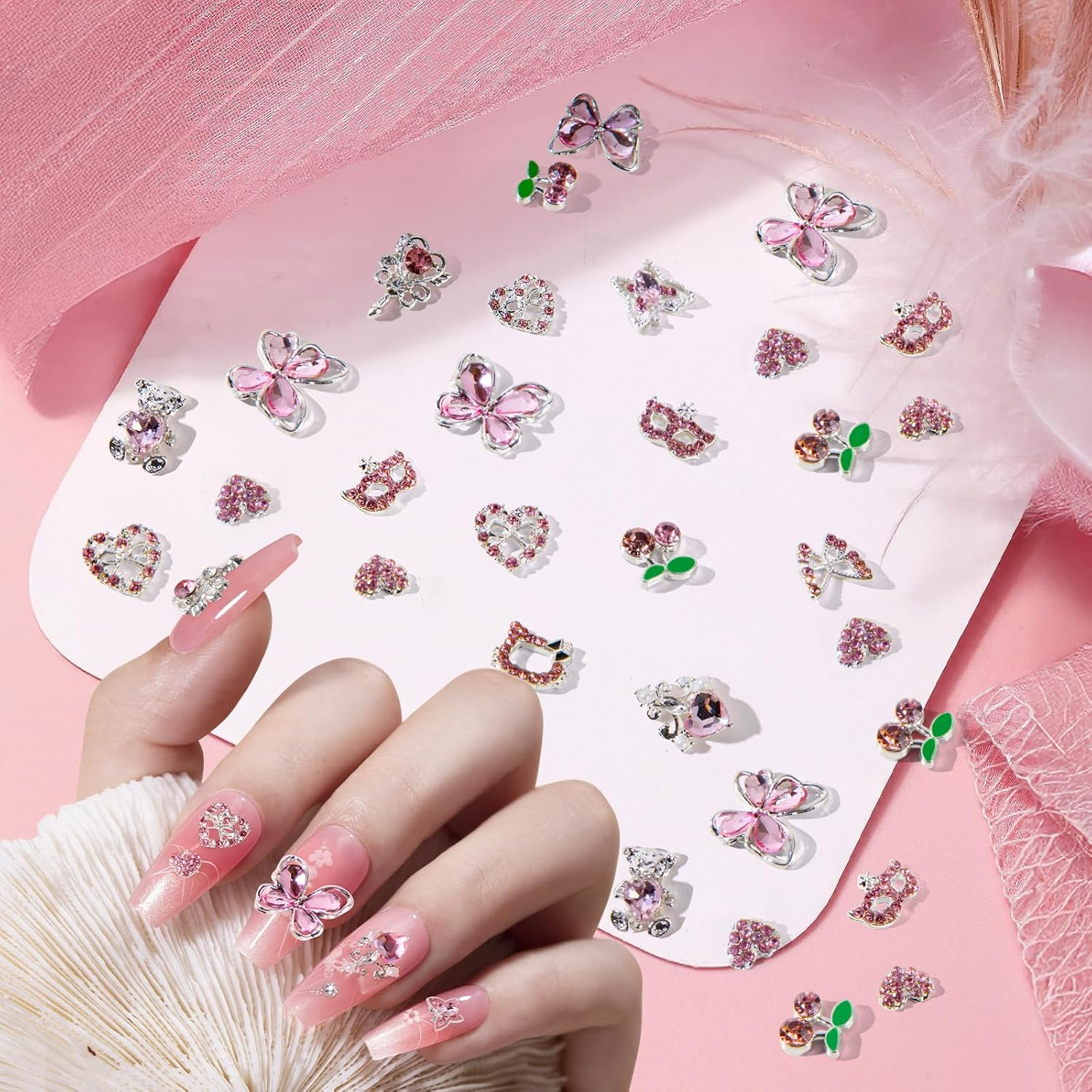 Madenia 60Pcs 3D Nail Art Rhinestone: 12 Silver Alloy Pink Nail Gems in Nail Art Decoration Supplies- Suitable for Women'S Nail Charm DIY in Nail Salon image number 1