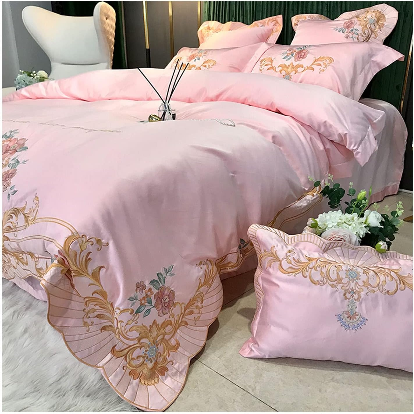 4 Pieces Duvet Cover Set European Style Light Luxury 60S Cotton Embroidery Bedding Sets 1 Duvet Cover 2 Pillow Shams 1 Fitted Sheet Twin Double Queen King (Color : Pink B, Size : 200X230Cm-150X200Cm image number 1
