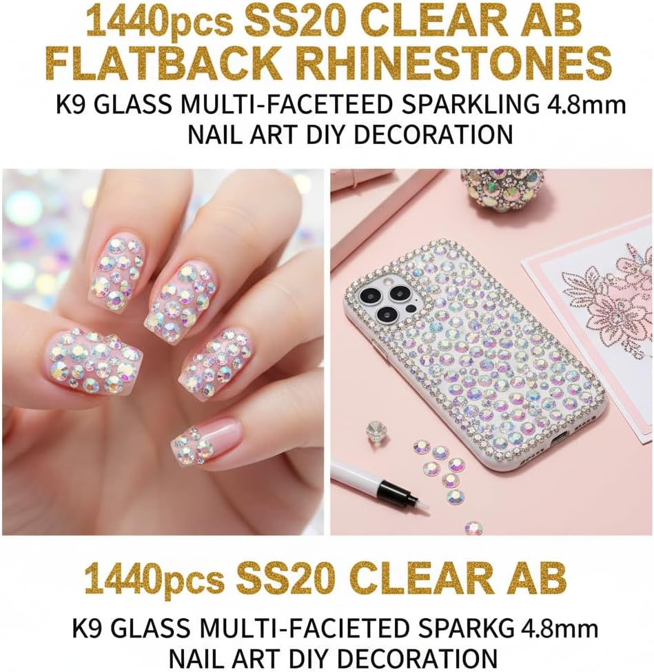 1440Pcs 4.8Mm Clear AB Rhinestones for Nail Art, Compatible with UV/LED Lamp, Transparent Nail Gems for DIY Crafts - Ruibex image number 2
