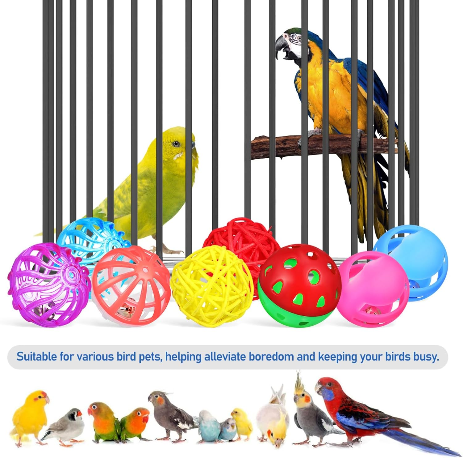 BESTYASH Bird Foraging Toys, 12 Piece Training Bell Balls Set, Parrot Parakeet Cockatiel Chewing Playthings image number 1