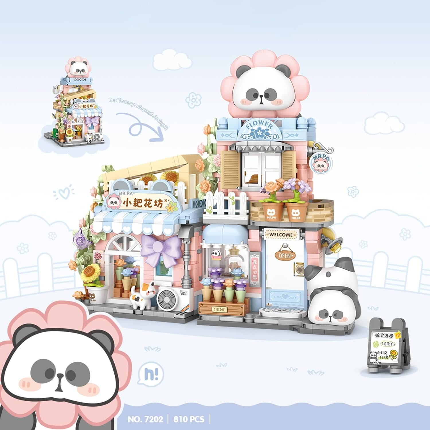 Toymart Panda Floral Garden Building Set &ndash; 810PCS Mini Flower Shop Blocks with Panda Figurine, Japanese Style Building Kit for Teens & Adults, Collectible Micro Bricks for Gift & Display