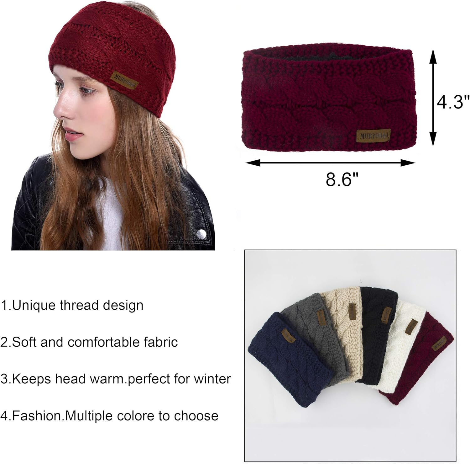 Muryobao Women Winter Warm Headband Fuzzy Fleece Lined Stretch Thick Cable Knit Head Wrap Ear Warmer (Wine Red) image number 2